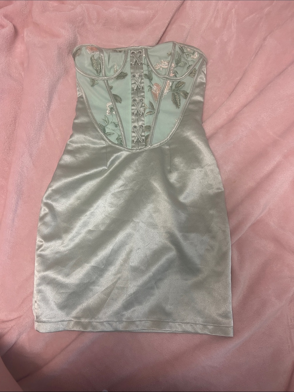 PrettyLittleThing Mint Satin Strapless Embroidered Bustier Slip Dress